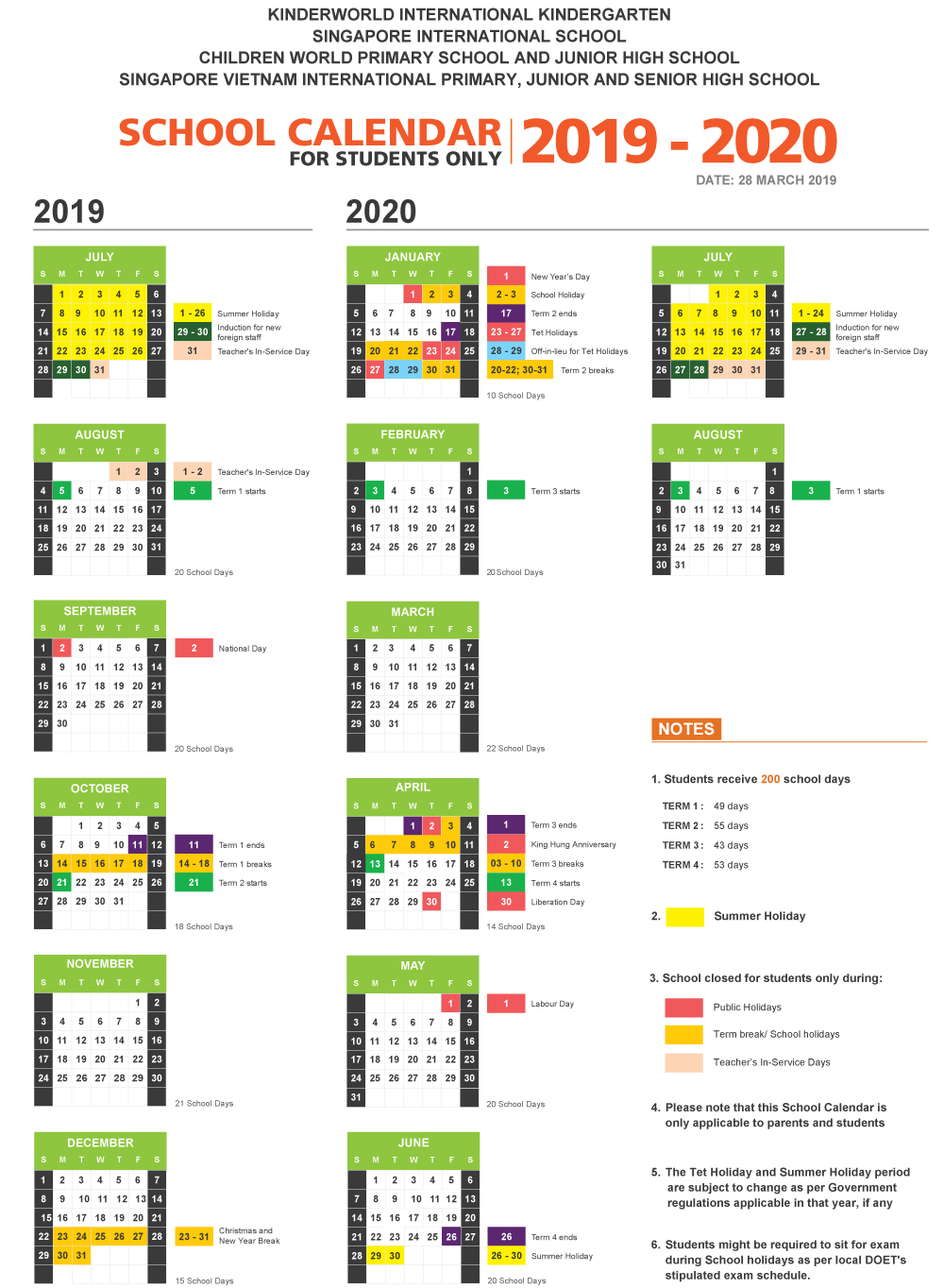 Singapore School Holidays 2020 Calendar